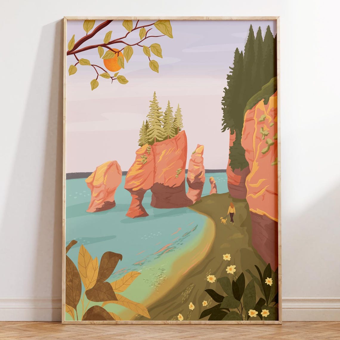 Sea Stack Rocks Beach with Dog Walker Modern Illustration Poster