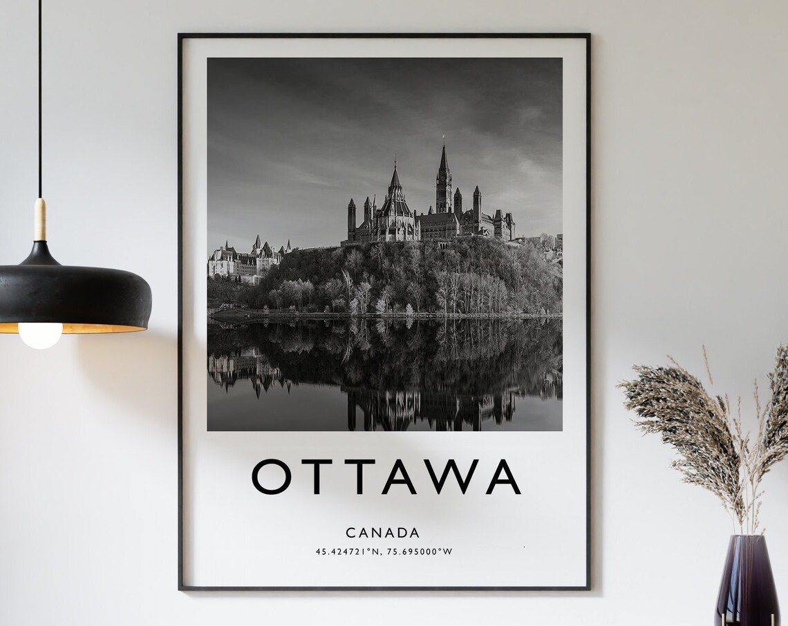 Ottawa Canada Parliament Hill River Black White Photo Art Poster