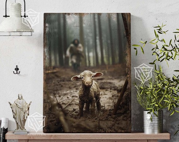 The Good Shepherd Runs After the Lost Lamb in the Forest Poster