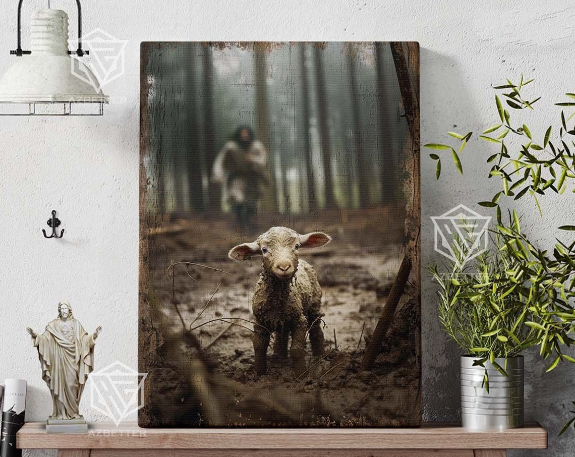 The Good Shepherd Runs After the Lost Lamb in the Forest Poster