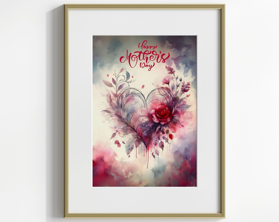 Happy Mothers Day Watercolor Heart Rose Painting Gift for Mom Poster