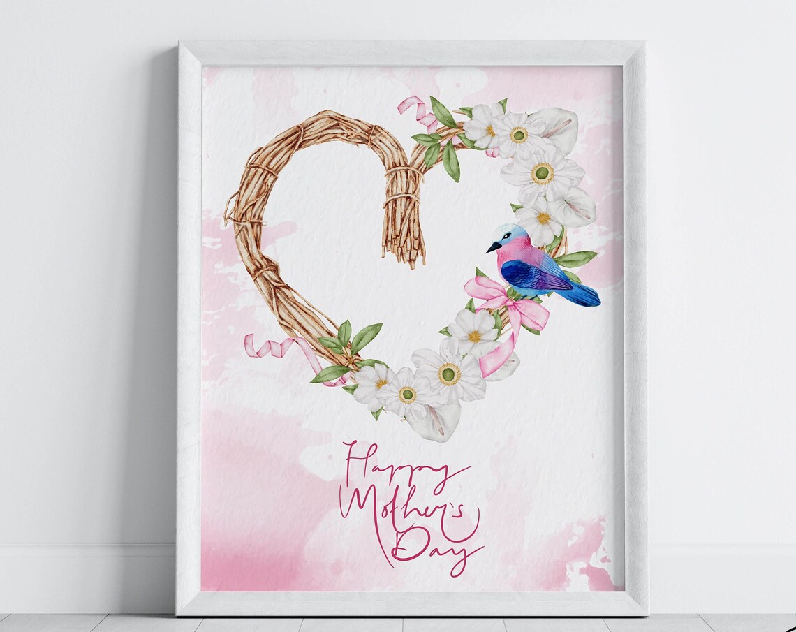 Happy Mothers Day Rattan Heart Wreath Bird Floral Watercolor Poster