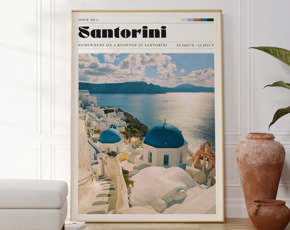 Santorini Greece Blue Domes Caldera Rooftop Sunlit Photo Travel Poster