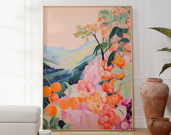 Oranges Print Colourful Kitchen Wall Art Citrus Mountains Home Decor Pink Blue Living Room Gallery Landscape