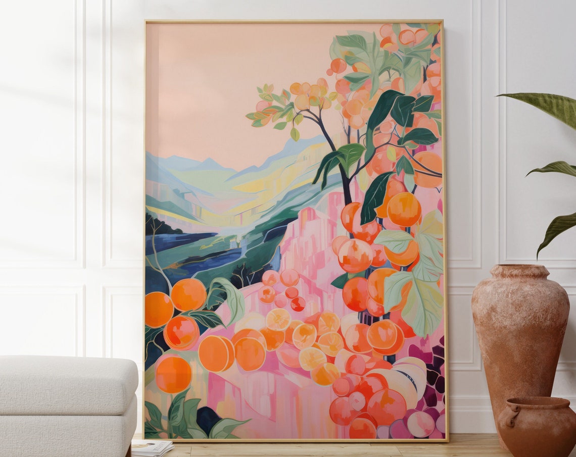 Orange Grove Heavy With Fruit Pink Dreamy Painterly Citrus Wall Poster