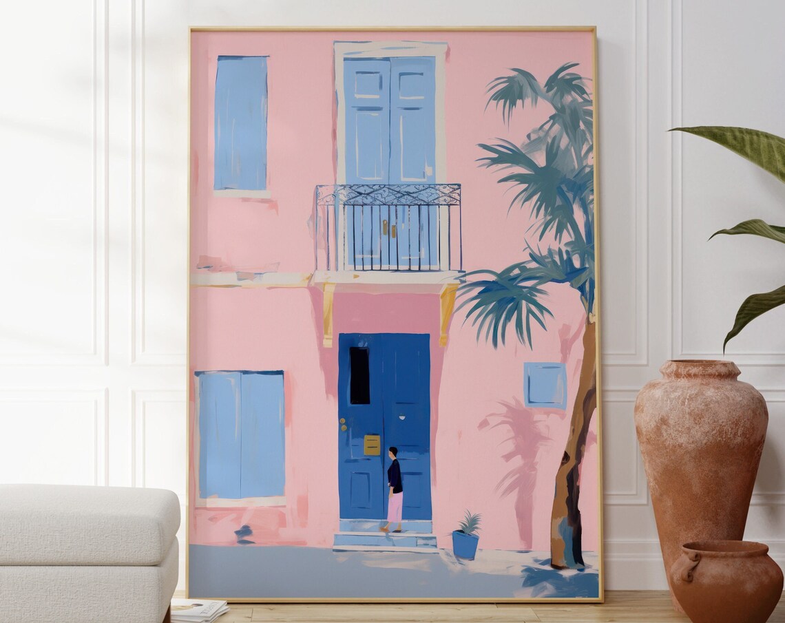Pink Building Blue Door Woman Palm Tree Illustration Art Poster