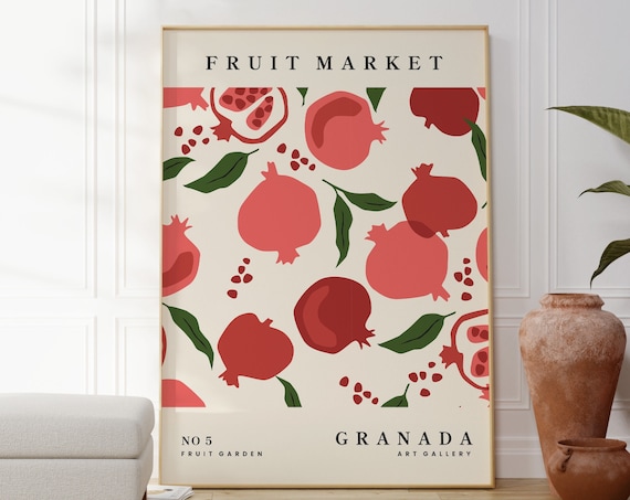 Fruit Market Granada Pomegranate Pattern Rich Red Kitchen Wall Poster
