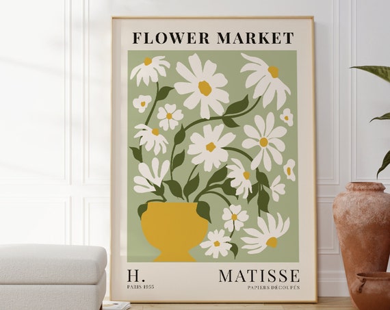 Henri Matisse Inspired White Flowers In Yellow Vase Print Modern Floral Art Wall Boho Living Room Bedroom Kitchen
