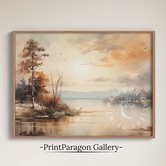 Autumn Pine Trees by Lake Sunrise Mountain View Landscape Wall Art