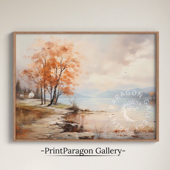 Autumn Lakeside Cabin Orange Trees Watercolor Fall Landscape Poster