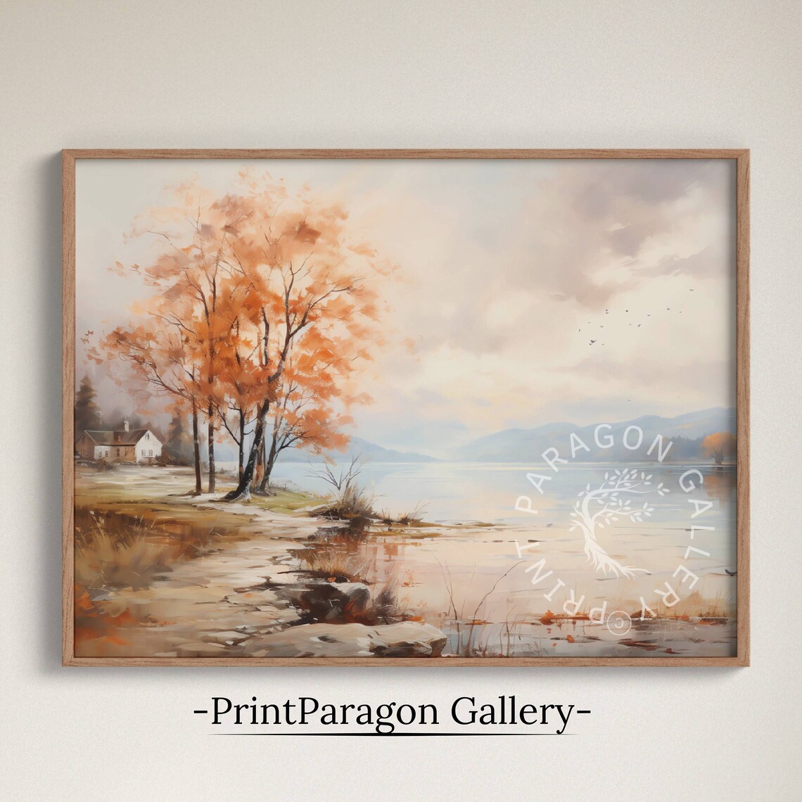 Autumn Lakeside Cabin Orange Trees Watercolor Fall Landscape Poster