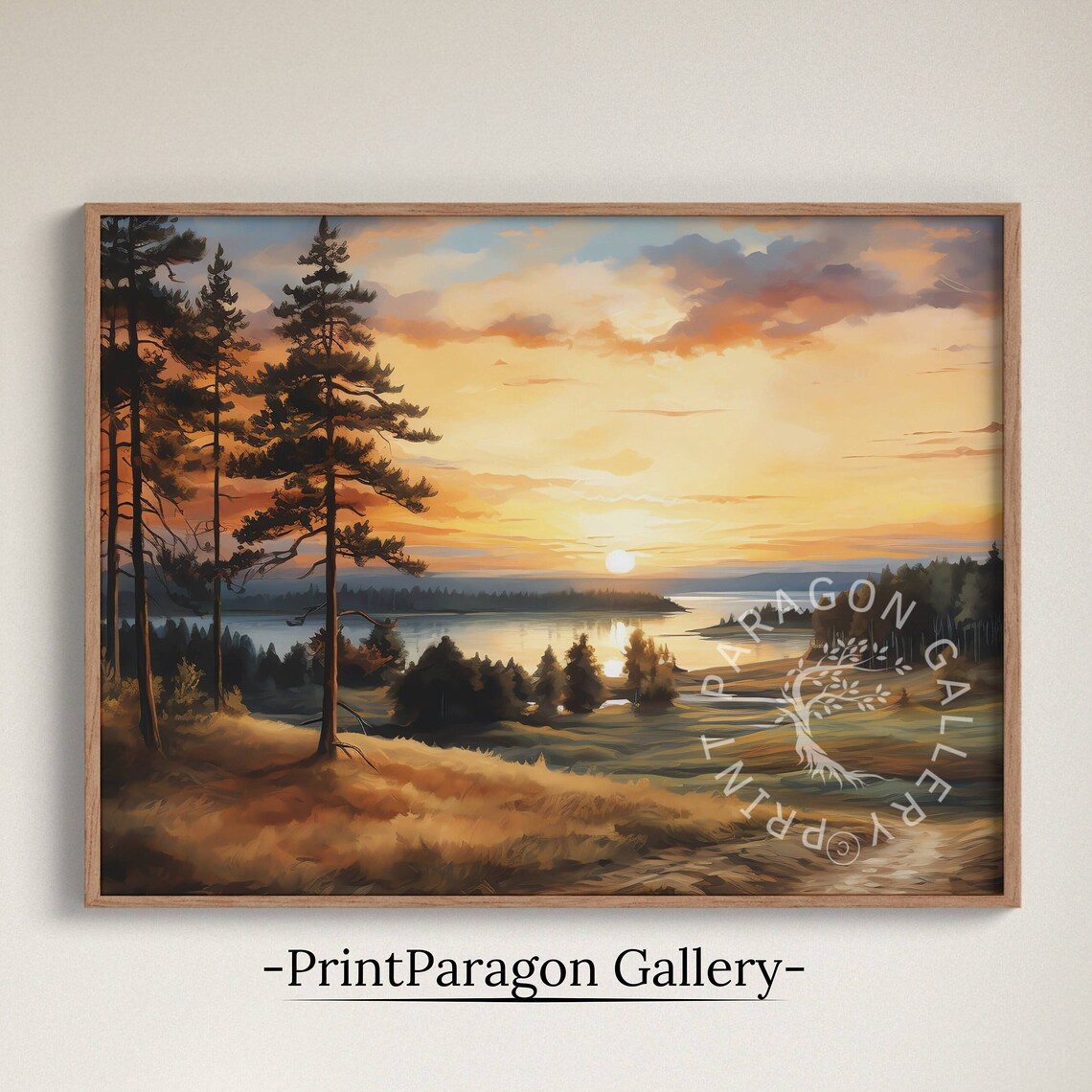 Golden Sunset Over Lake Pine Trees Grassy Hill Oil Painting Nature Wall Art