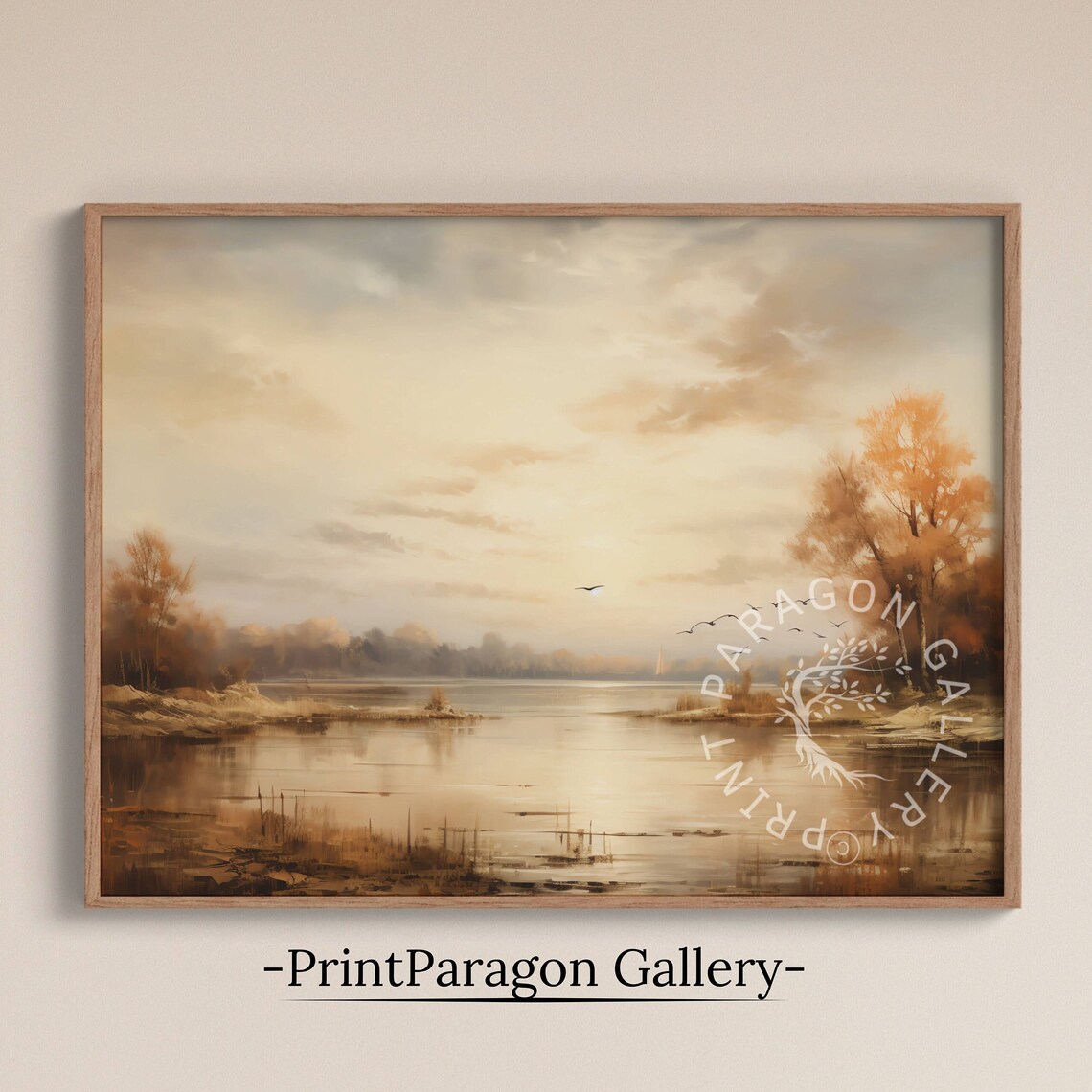 Serene Autumn Lake Dawn Flying Geese Golden Trees Landscape Poster