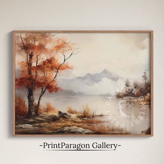 Fiery Autumn Trees by Misty Mountain Lake Fall Landscape Art Poster