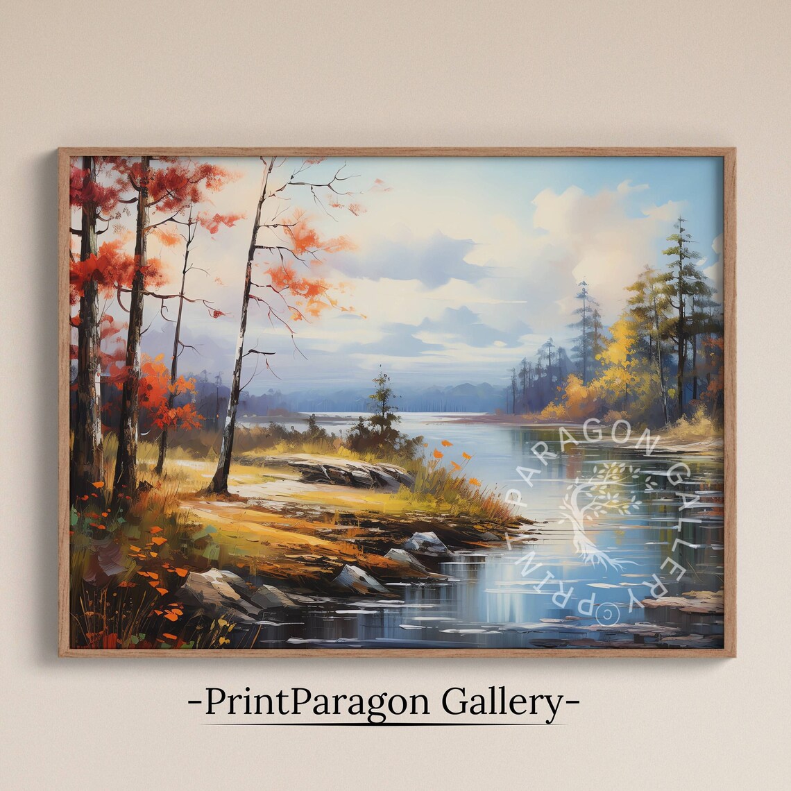 Autumn Forest Lake Shore Painting Red Gold Trees Calm Blue Water Poster