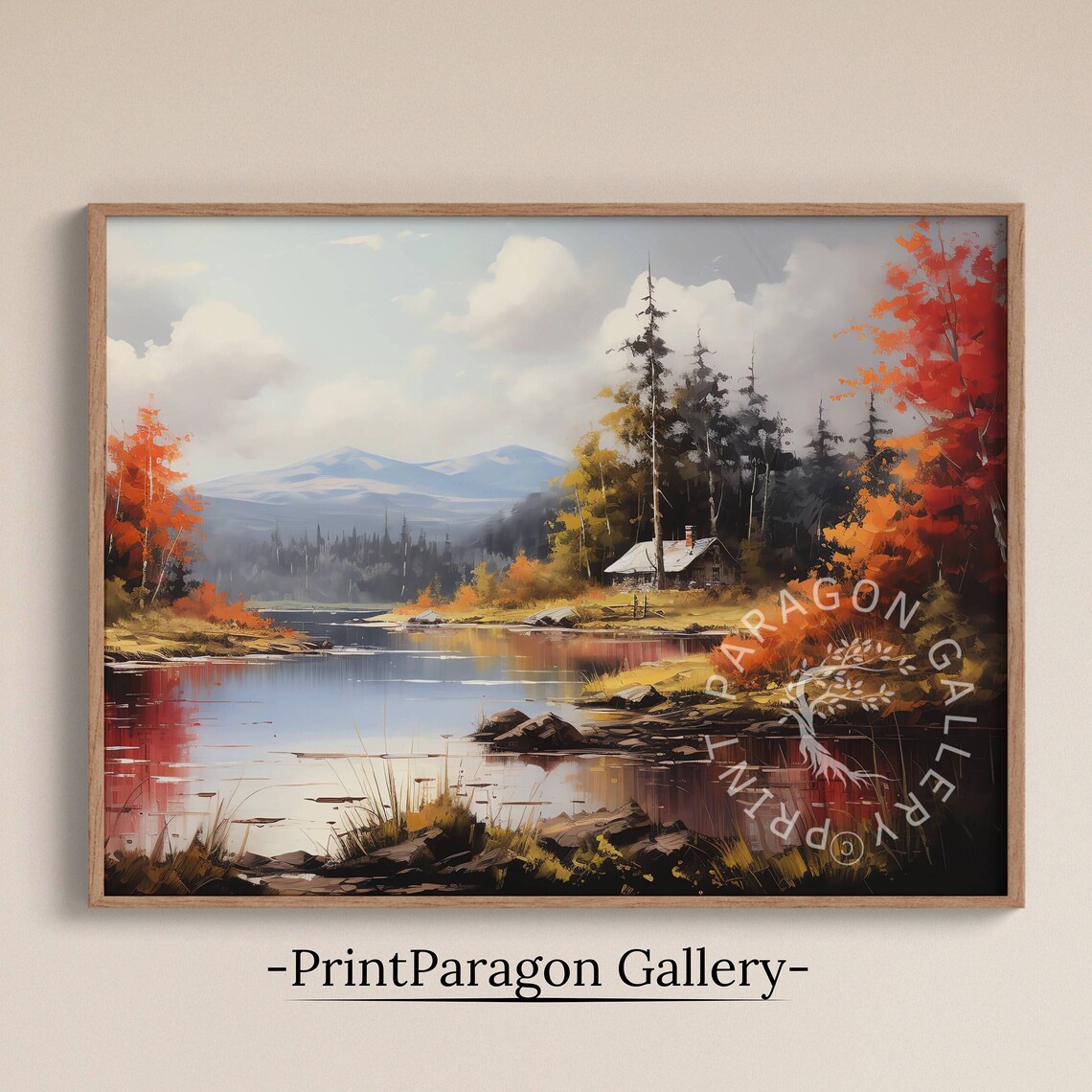 Colorful Autumn Lake Cabin Painting Red Foliage Mountain Reflection Poster