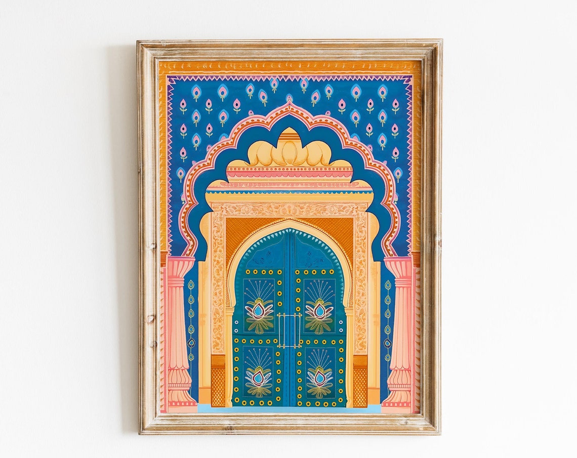 Indian Palace Ornate Archway Blue Gold Rajasthan Style Wall Art - Image 3