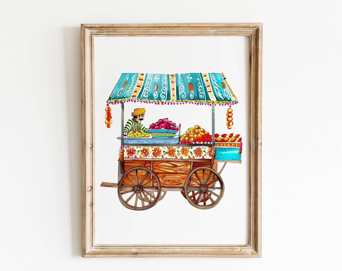 Indian Panipuri Cart Illustration, Kitchen Art Print