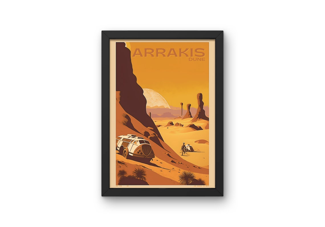 Arrakis Dune Desert Planet Sunset Spice Harvester Travel Poster