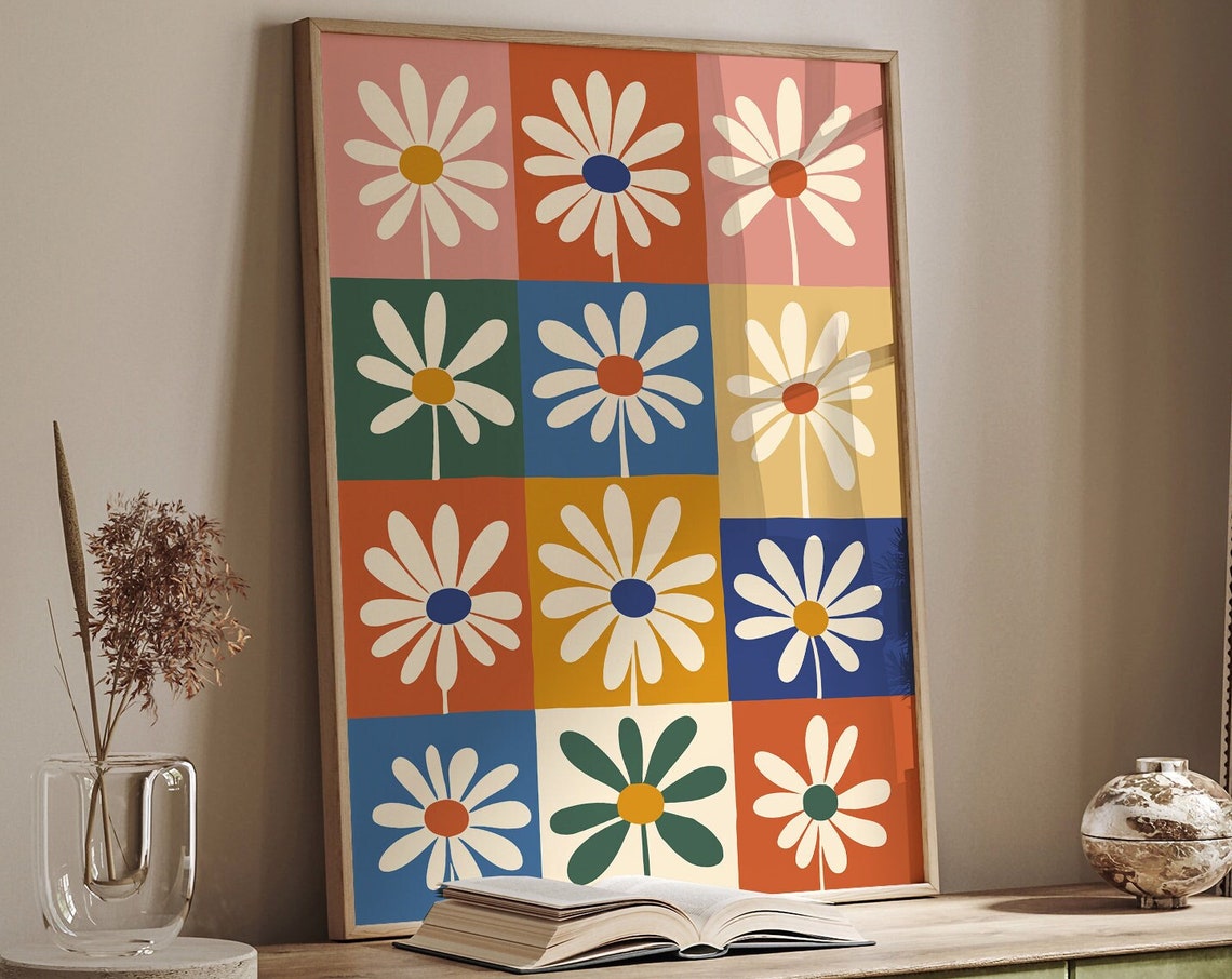 Colorful Daisy Grid Mid Century Modern Retro Floral Pop Art Poster