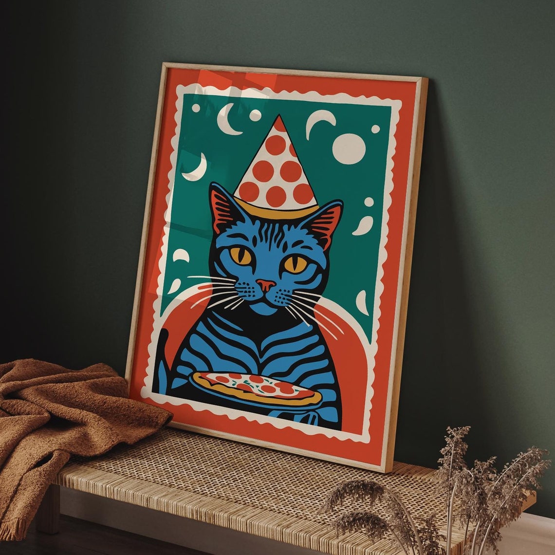 Blue Cat Pizza Party Hat Retro Pop Art Funny Animal Art Print - Image 6