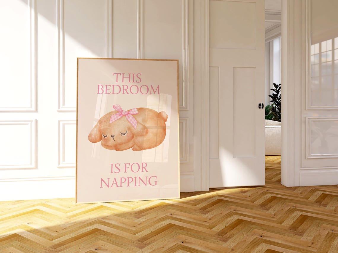 Sweet This Bedroom Is For Napping Cute Sleeping Puppy Pink Poster - Image 3