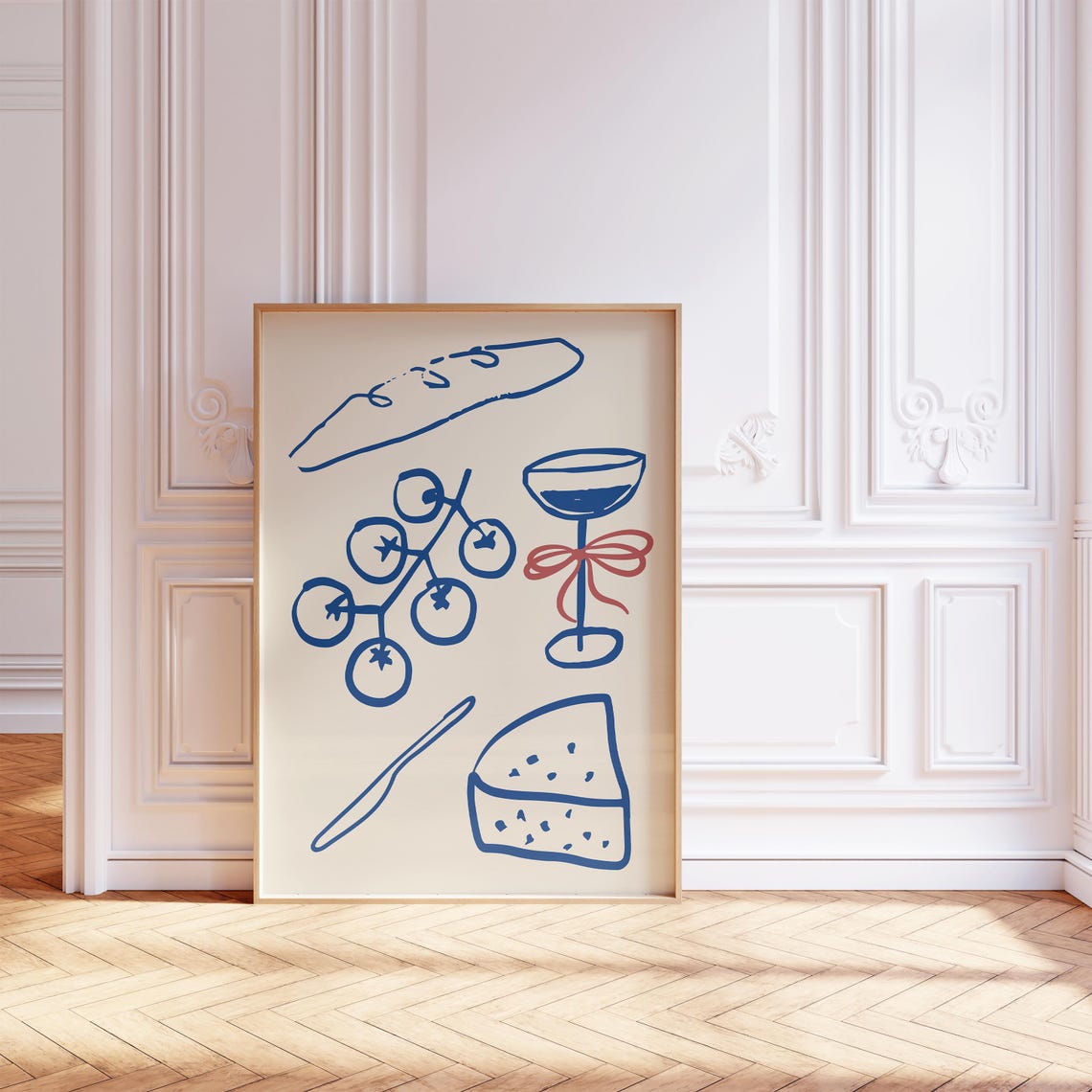 Blue Line Art Dinner Party Cheese Wine Trendy Kitchen Wall Poster - Image 2