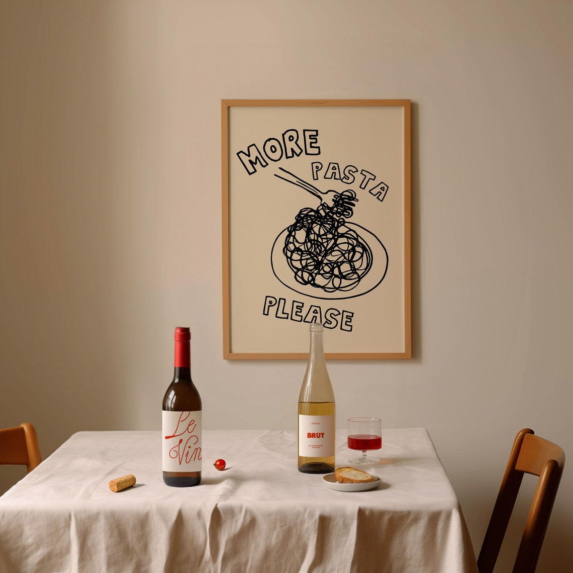 More Pasta Please Spaghetti Fork Bowl Line Art Kitchen Poster - Image 3
