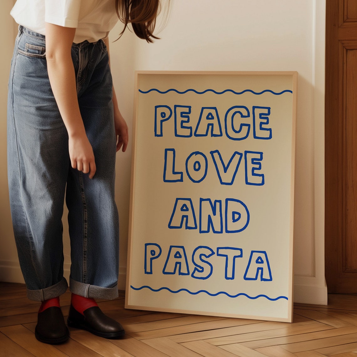 Peace Love And Pasta Blue Bubble Letter Foodie Kitchen Decor Poster - Image 3