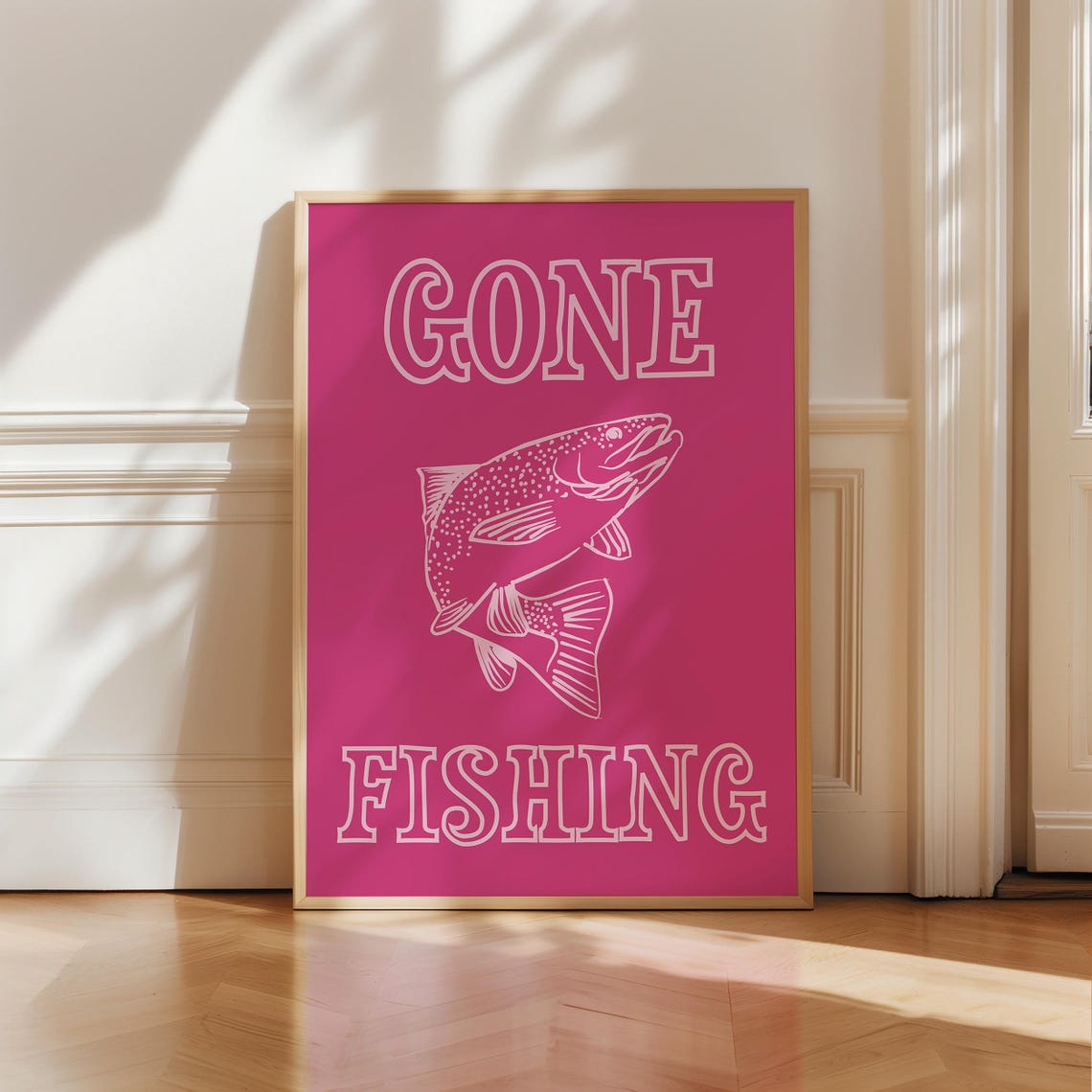 Vibrant Hot Pink Gone Fishing Trout Retro Typography Cabin Poster - Image 2