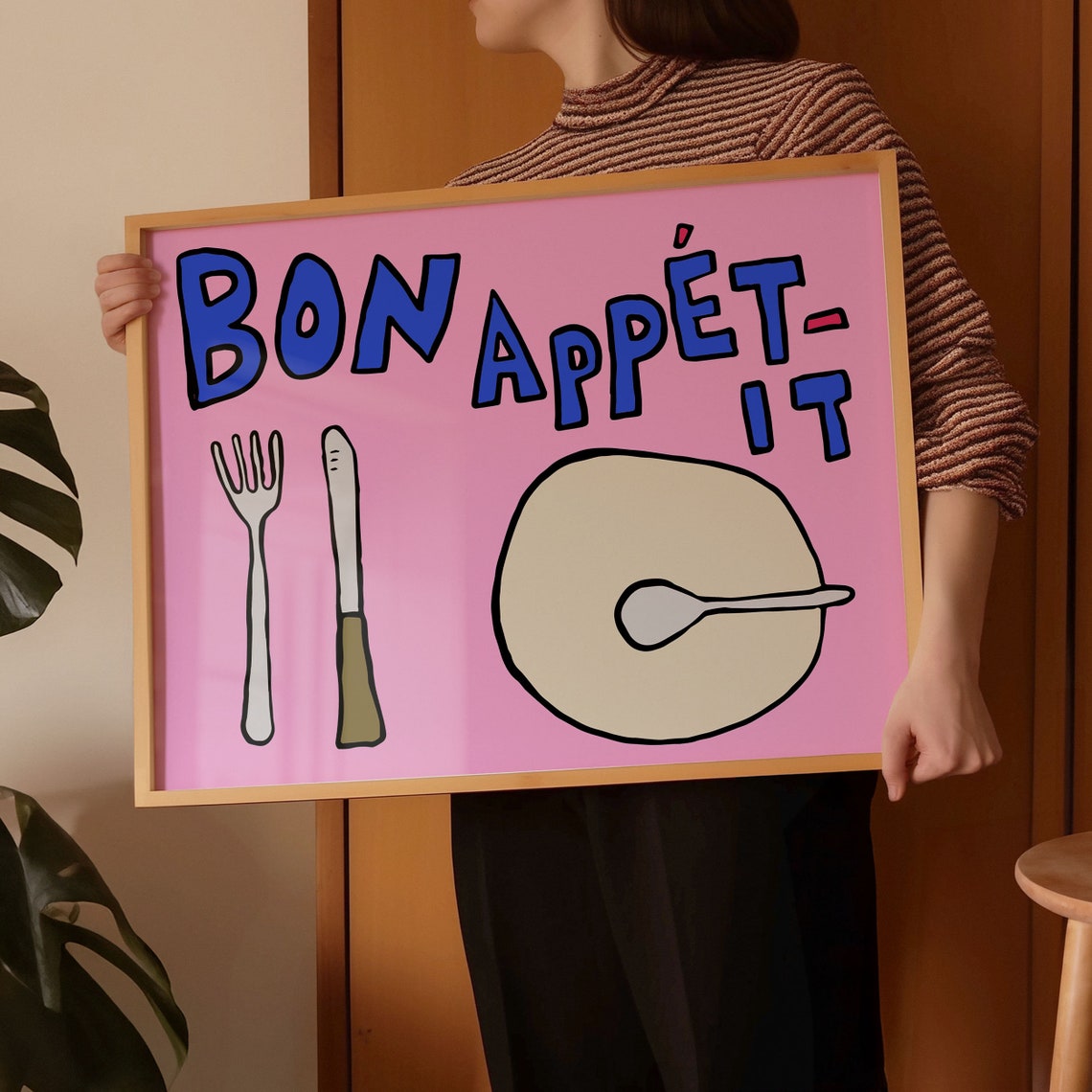 Bon Appetit Pink Horizontal Kitchen Decor Fork Knife Plate Poster - Image 4