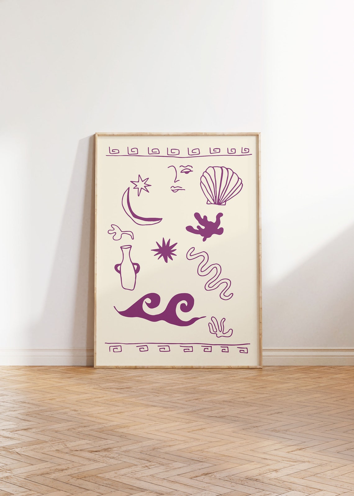 Greek Coastal Icons Purple Line Art Shells Moon Waves Poster - Image 3