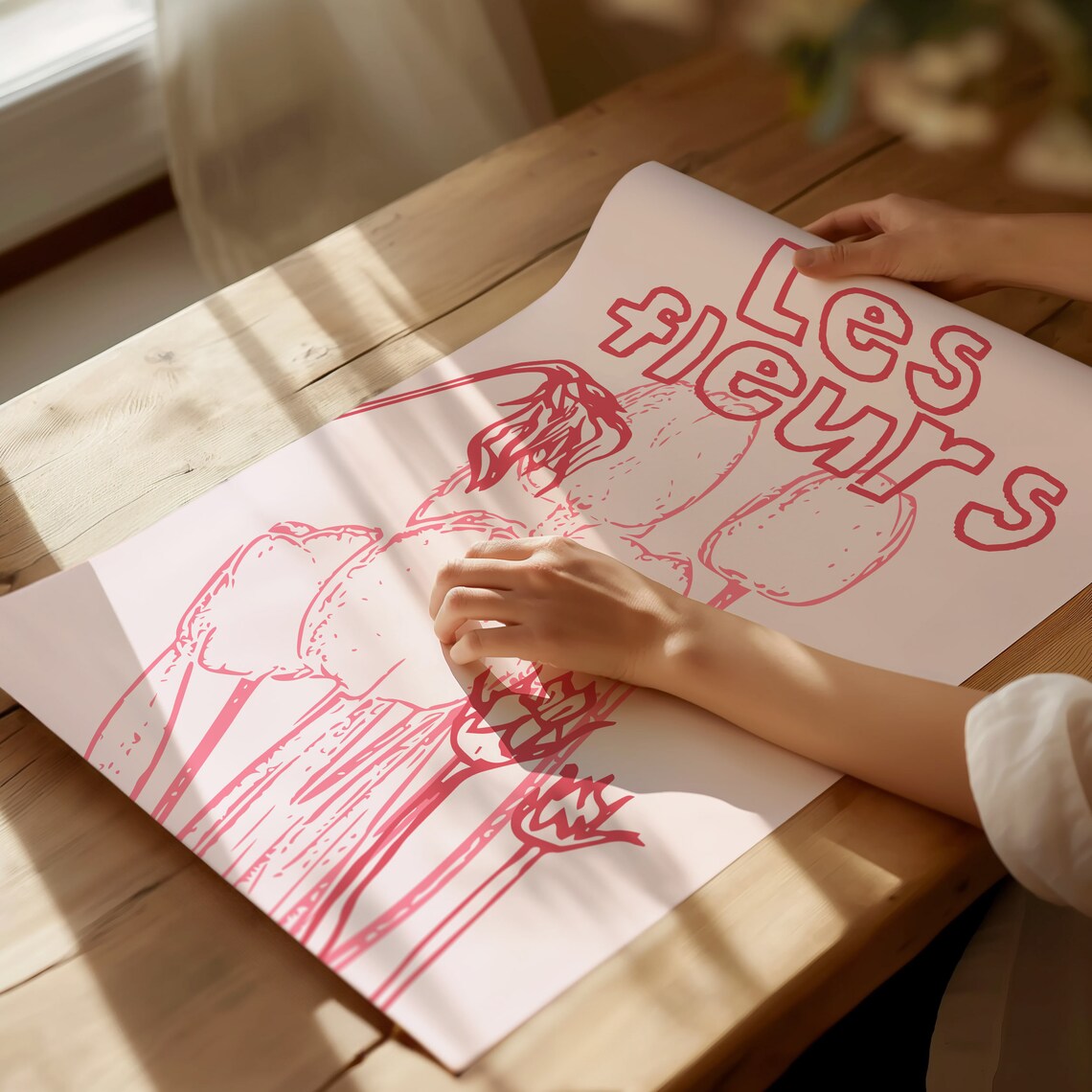Les Fleurs Red Hand Drawn Tulips On Pink French Floral Poster - Image 2