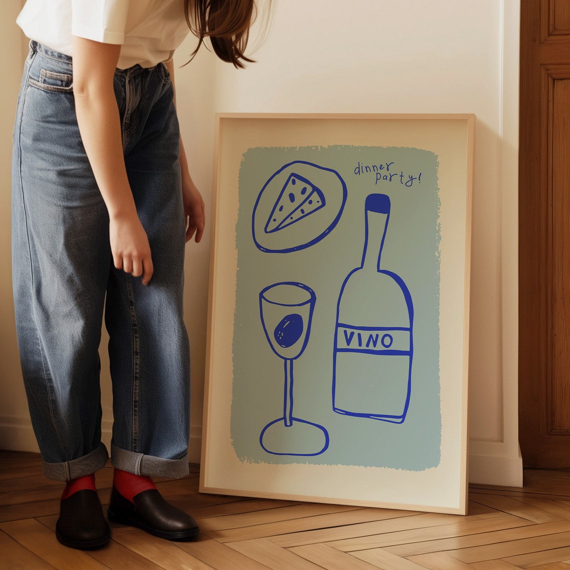 Dinner Party Vino Wine And Cheese Blue Line Art Kitchen Wall Poster - Image 5