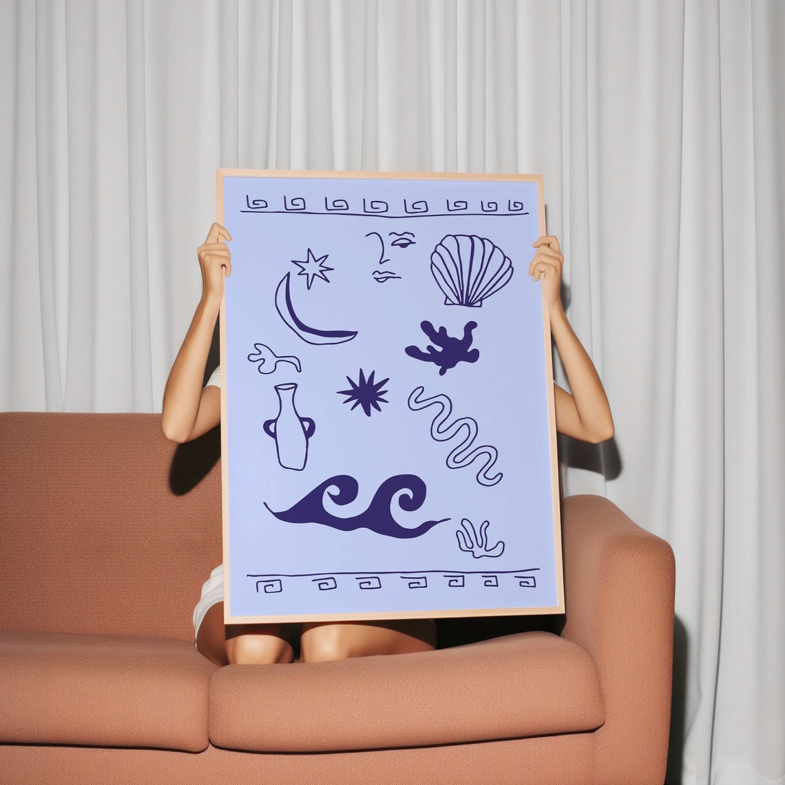 Greek Coastal Icons Navy Sea Line Art Blue Shell Moon Poster - Image 4