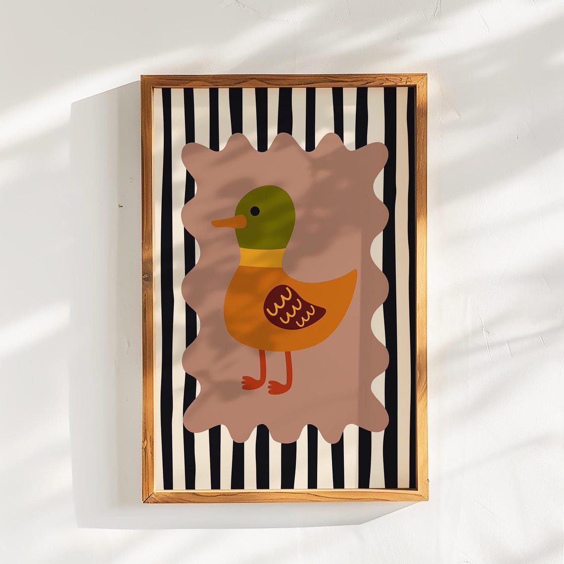 Striped Folk Duck Illustration Earthy Tones Modern Animal Poster