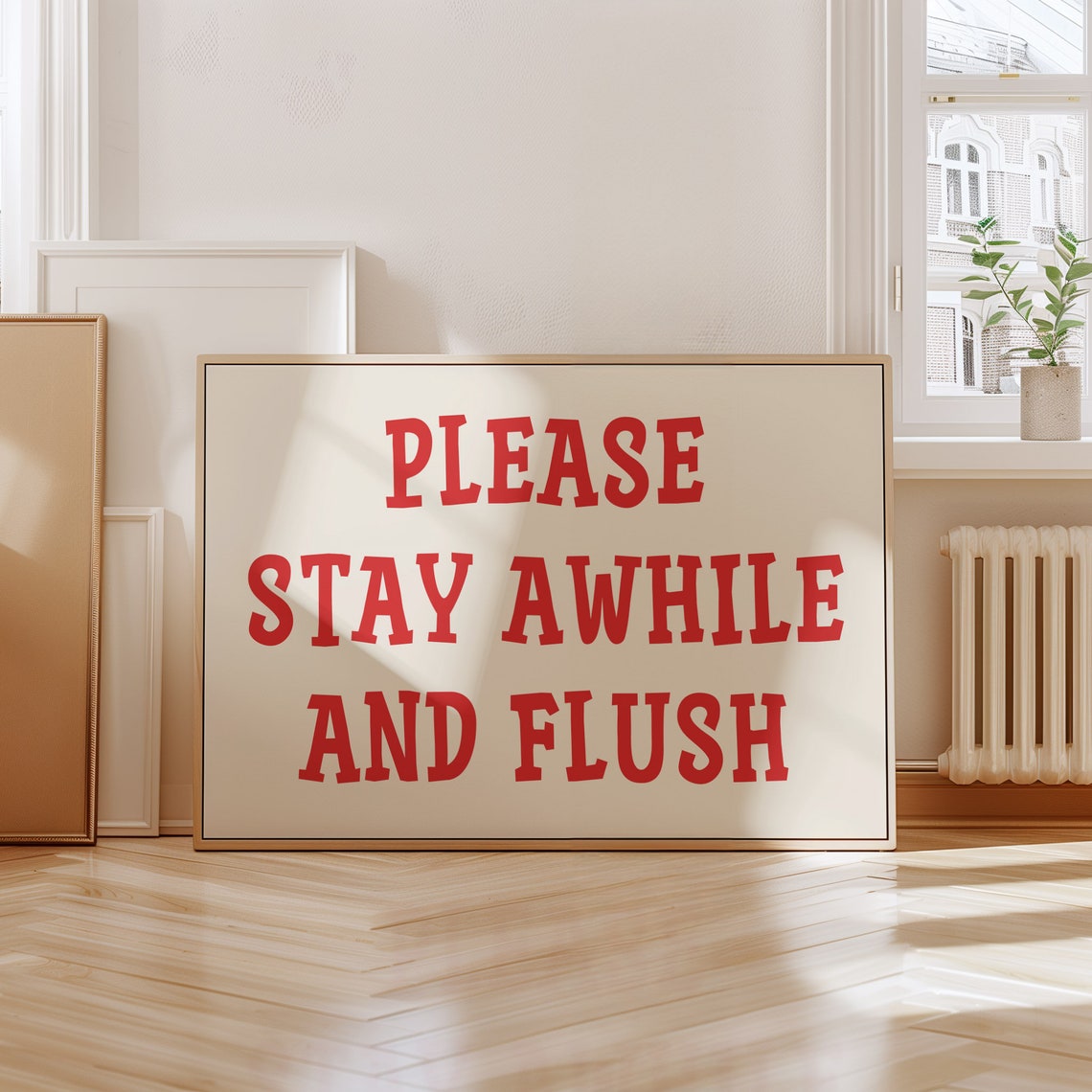 Please Stay Awhile And Flush Red Funny Bathroom Quote Poster - Image 2