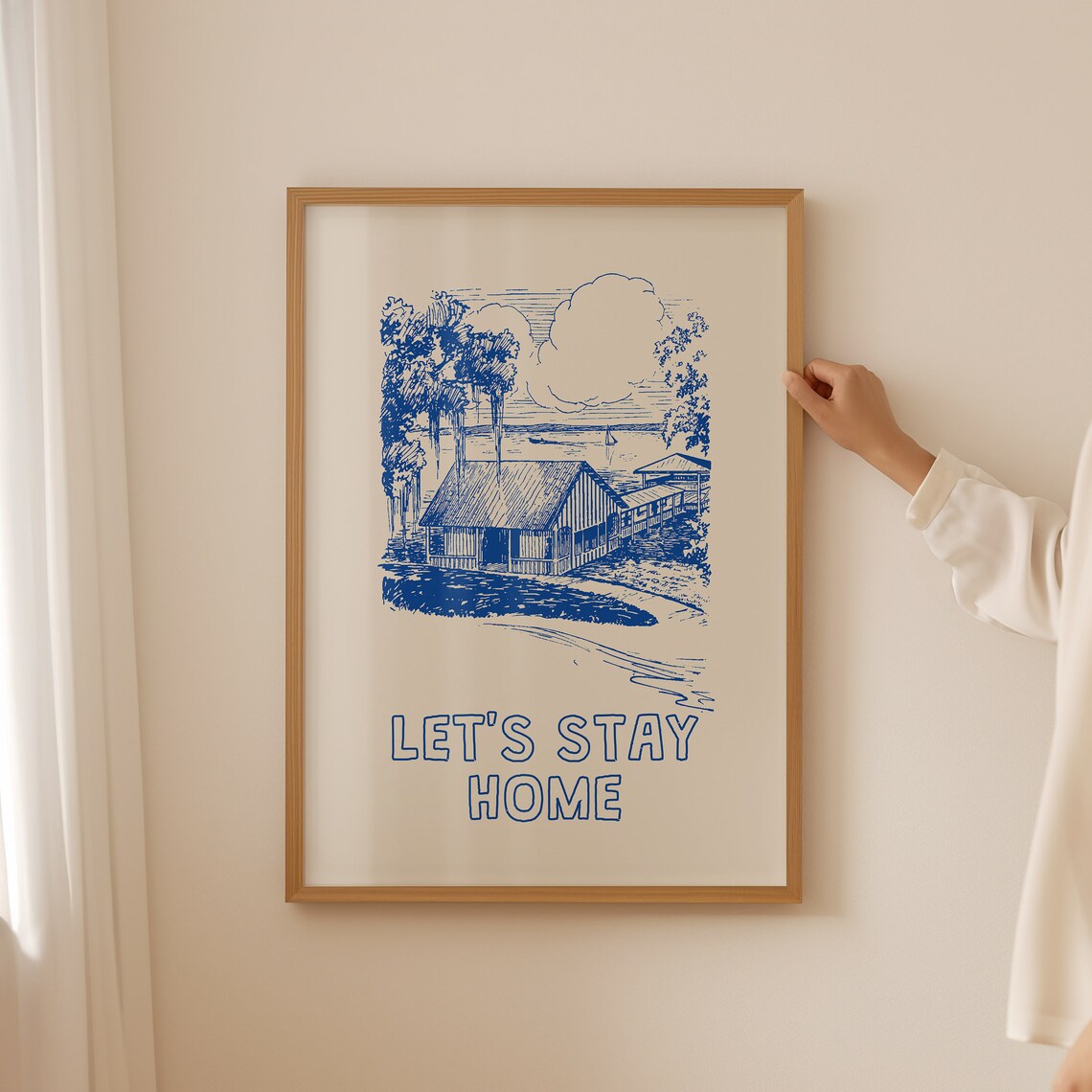 Let's Stay Home Vintage Coastal Beach Cottage Line Art Poster - Image 2