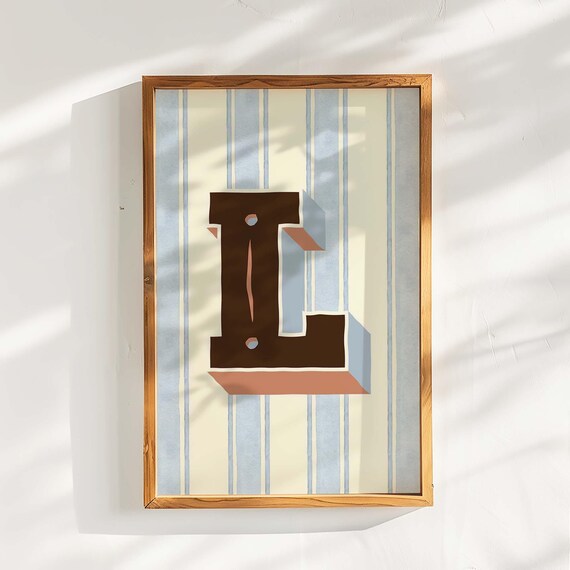 L Initial Print Brown Blue Striped Monogram Wall Art Preppy Nursery Decor Boys Room Personalized Gift Playroom