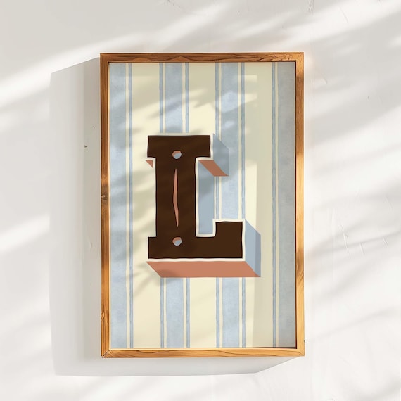 Retro Letter L Monogram Wall Art Blue Striped Initial Decor for Boys Room