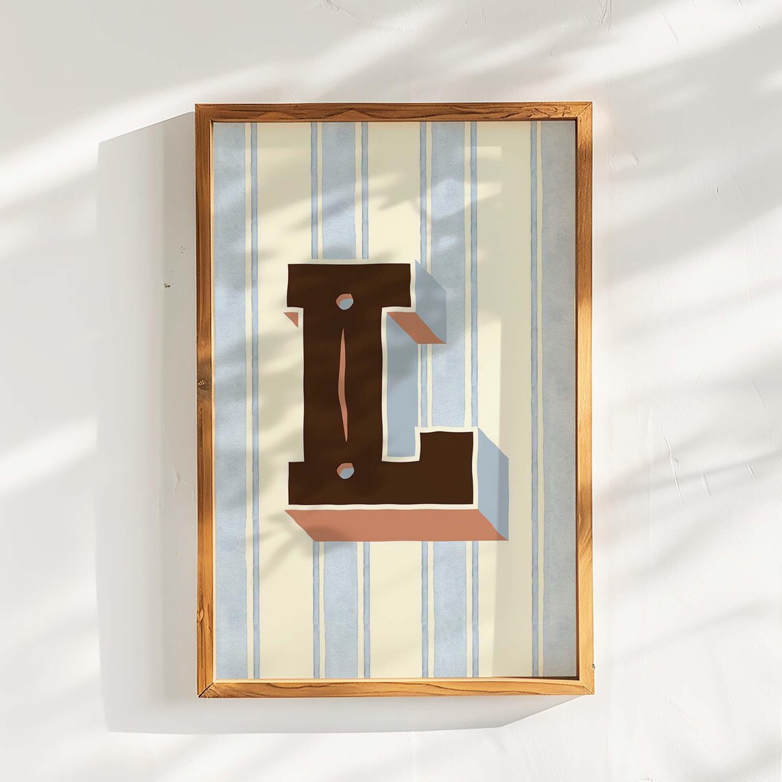 Retro Letter L Monogram Wall Art Blue Striped Initial Decor for Boys Room