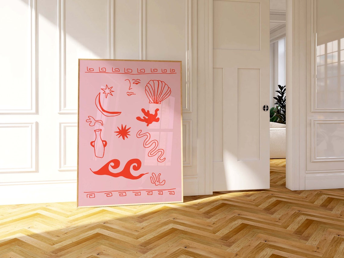 Greek Coastal Icons Red Line Art Beach Pink Shell Moon Poster - Image 3
