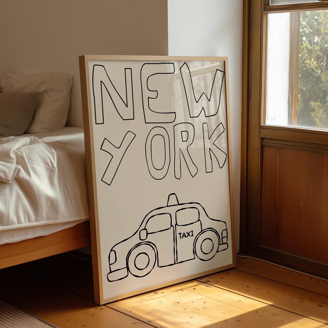 New York City Yellow Taxi Hand Drawn Minimalist Outline Art Poster
