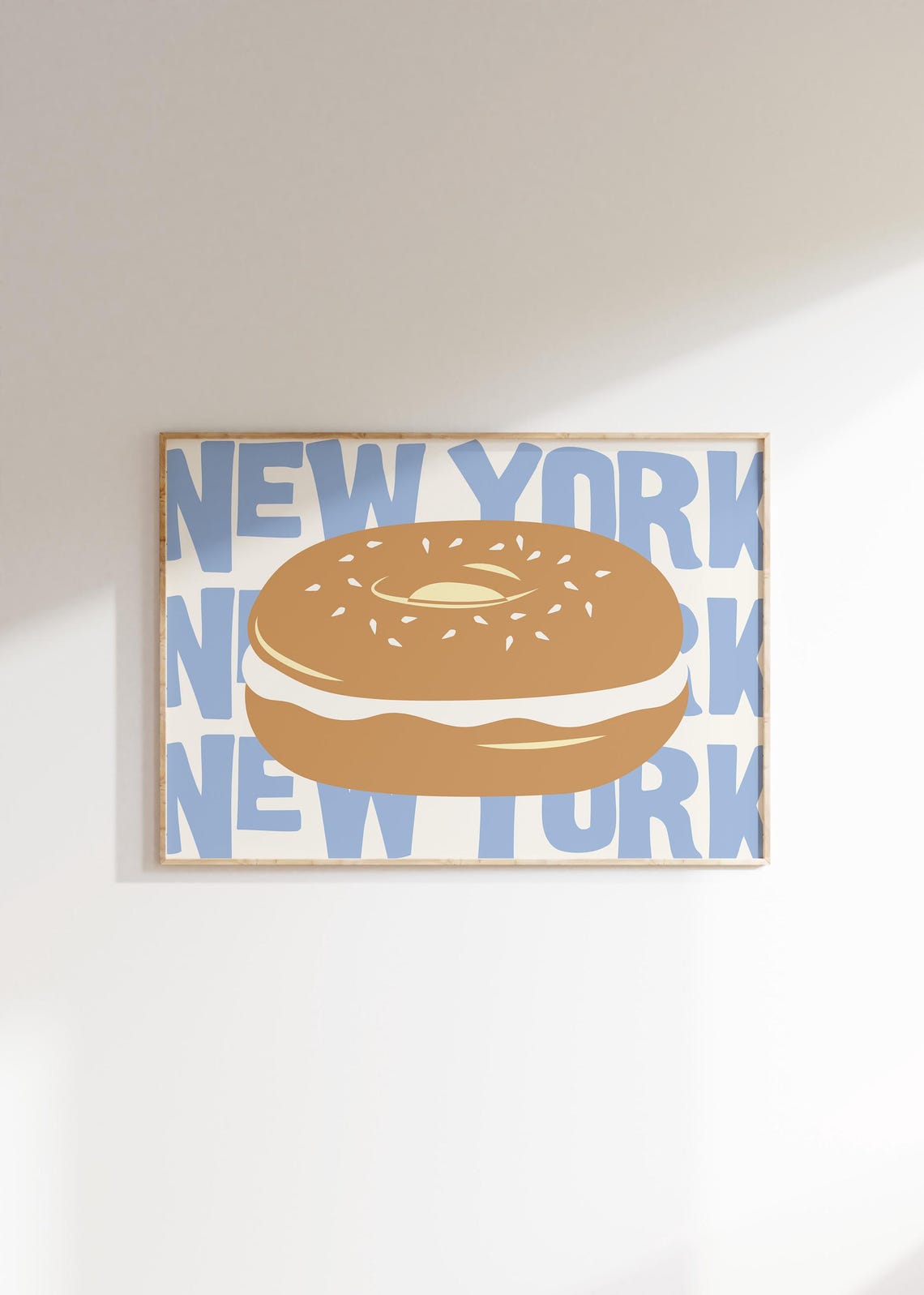 New York Sesame Bagel Breakfast Art Retro Blue Kitchen Food Poster - Image 2
