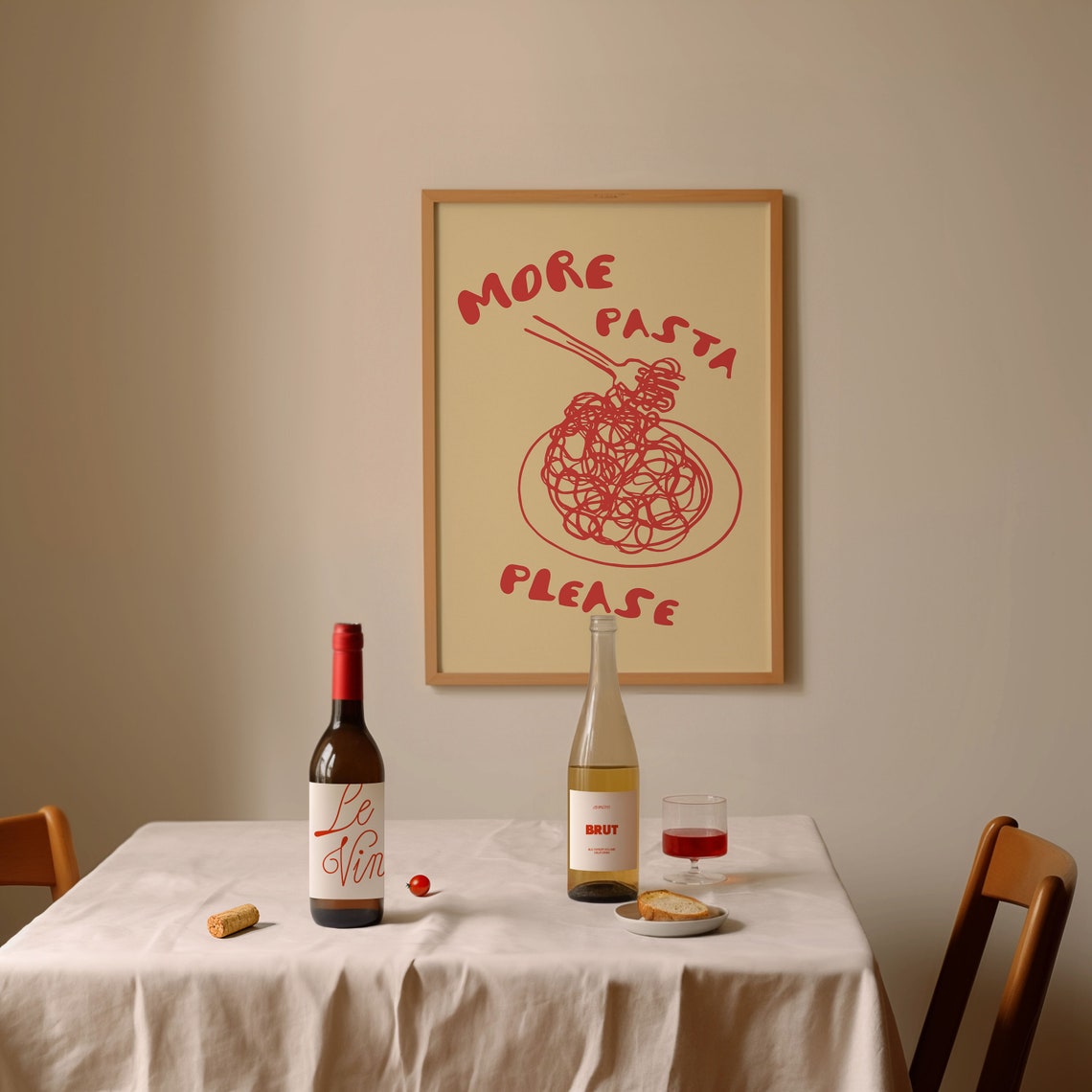 More Pasta Please Red Scribbled Spaghetti Fork Cream Kitchen Poster - Image 3
