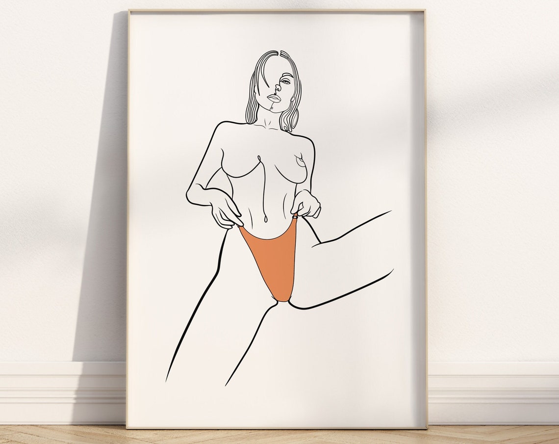 Standing Nude Woman Line Art Orange Bikini Accent Figure Poster