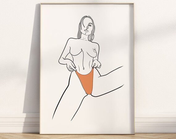 Standing Nude Woman Line Art Orange Bikini Accent Figure Poster