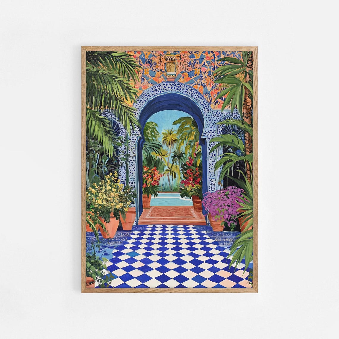 Majorelle Garden Morocco Travel Poster Blue Tiled Archway Pool Art
