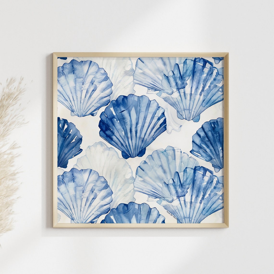 Blue Scallop Seashell Watercolor Pattern Coastal Wall Poster