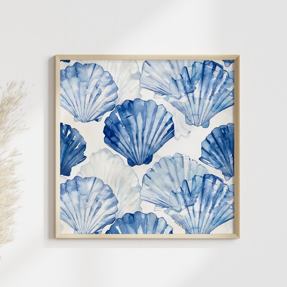 Blue Scallop Seashell Watercolor Pattern Coastal Wall Poster